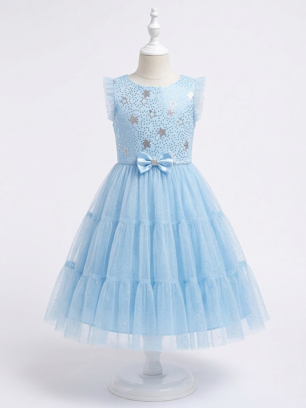 Jona Michelle Light Blue Star-Embellished Tulle Party Dress